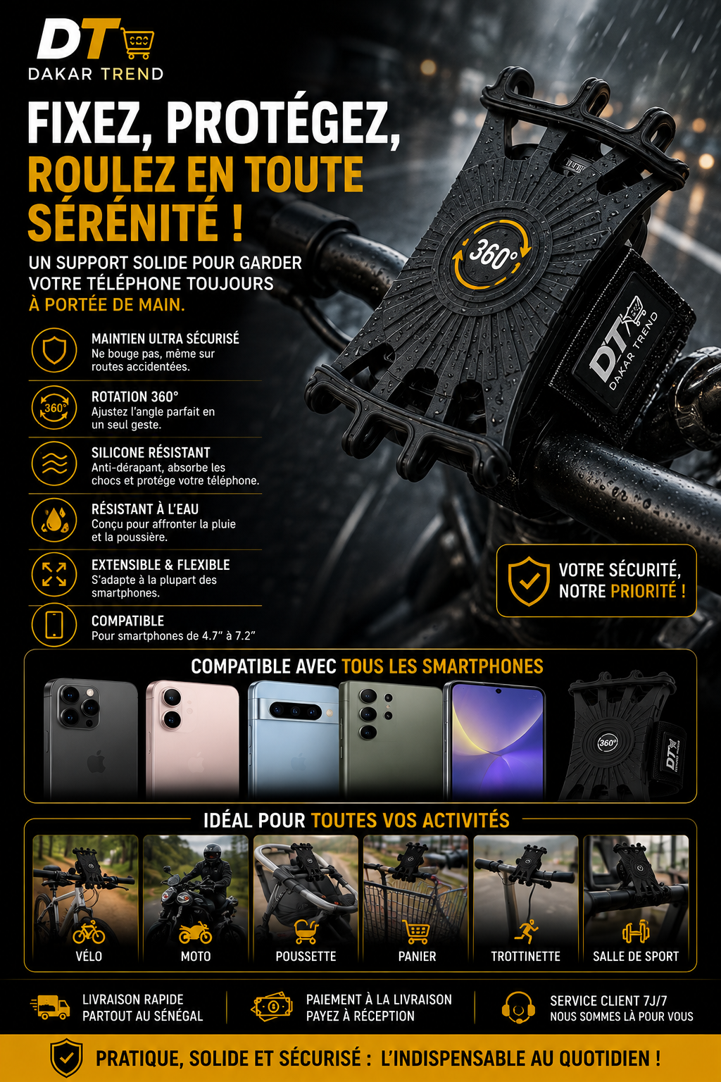 Support Téléphone 3-en-1 360° pour Poignet, Main & Moto | Dakar Trend