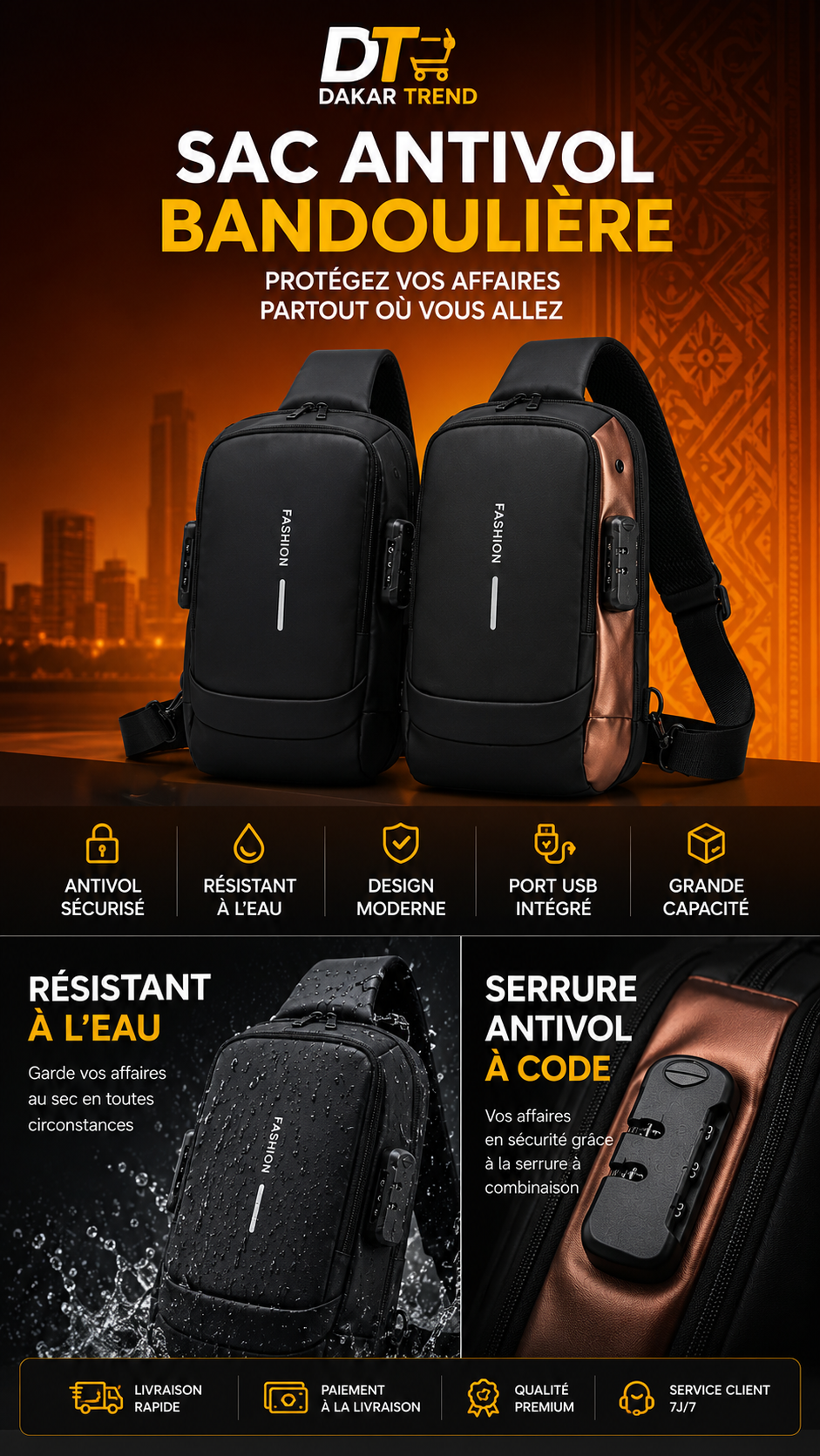 Sac Bandoulière Antivol Imperméable avec Serrure à Code | Dakar Trend