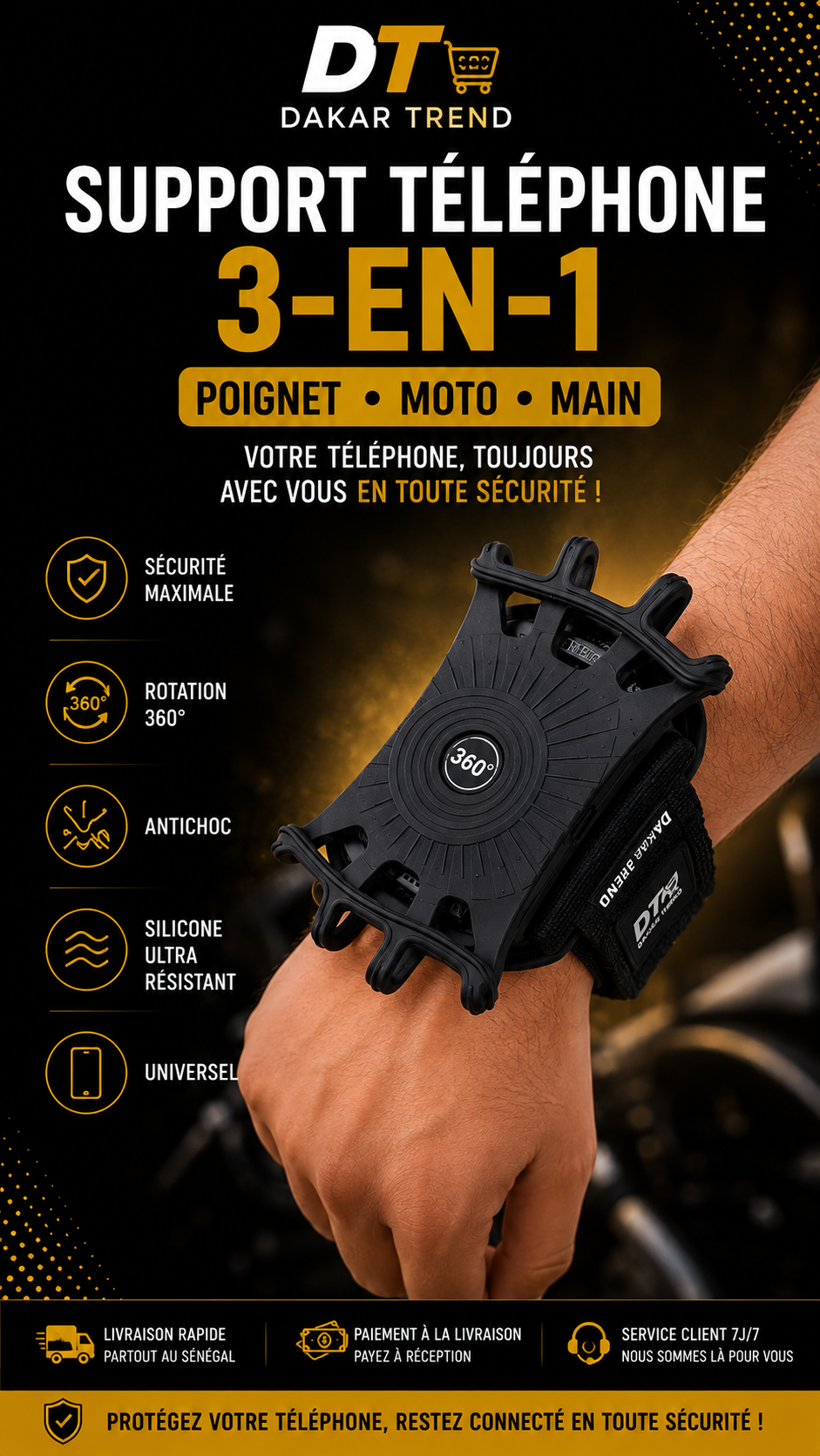 Support Téléphone 3-en-1 360° pour Poignet, Main & Moto | Dakar Trend