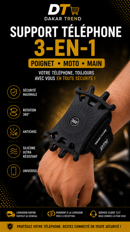 Support Téléphone 3-en-1 360° pour Poignet, Main & Moto | Dakar Trend