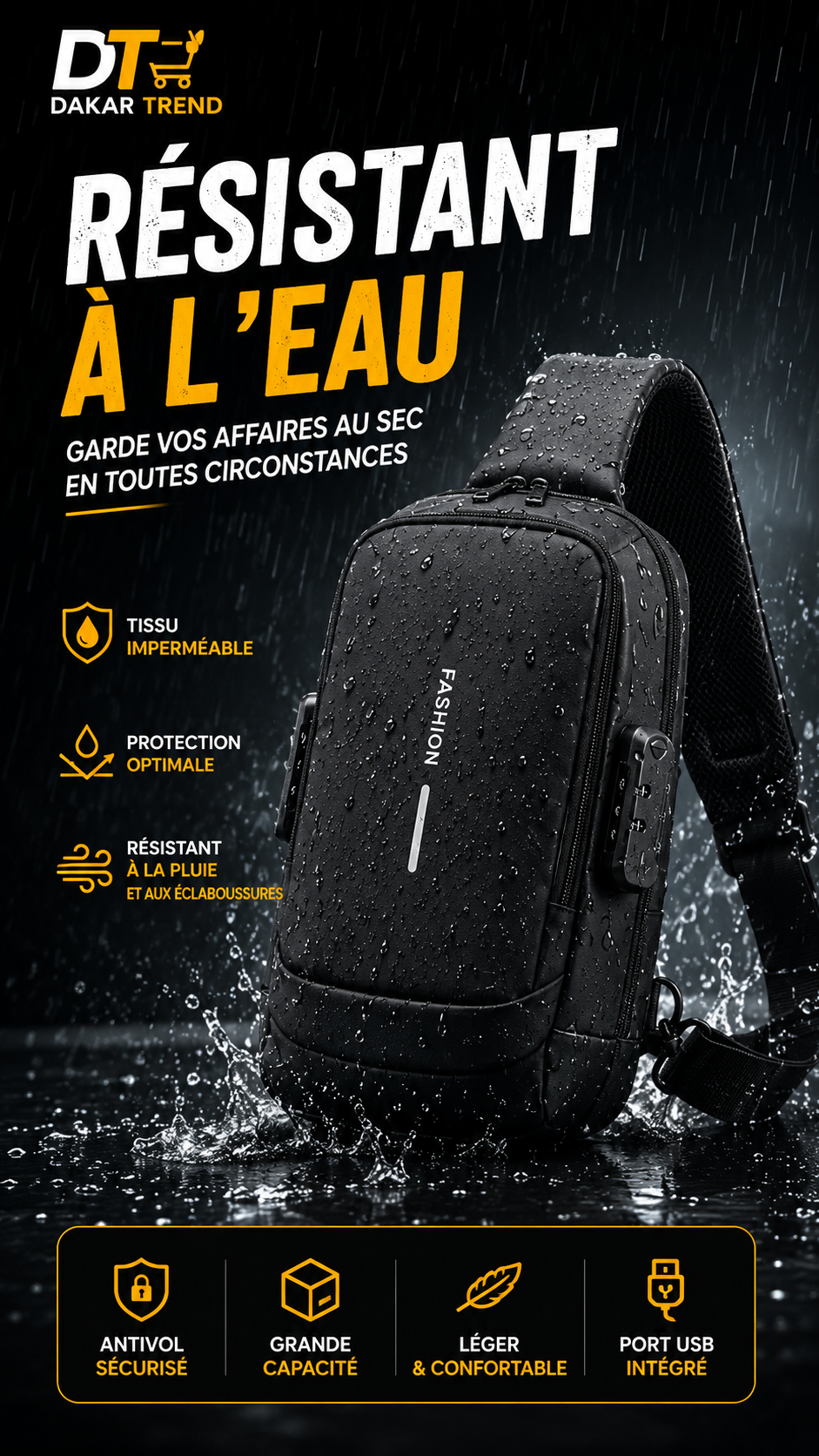 Sac Bandoulière Antivol Imperméable avec Serrure à Code | Dakar Trend