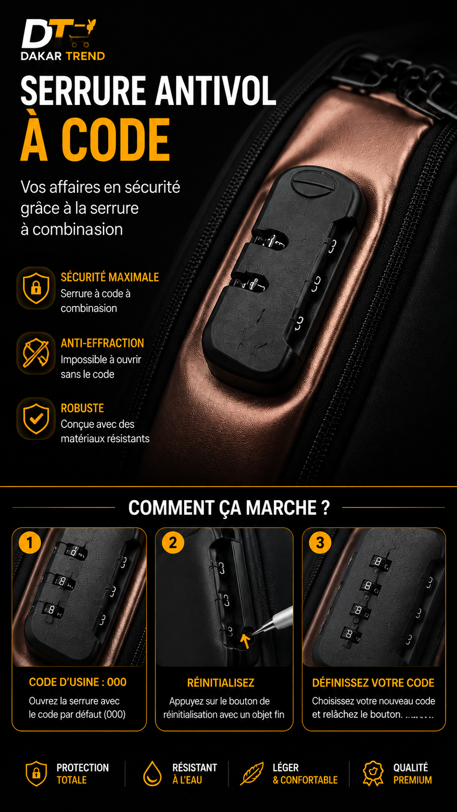 Sac Bandoulière Antivol Imperméable avec Serrure à Code | Dakar Trend