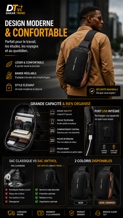 Sac Bandoulière Antivol Imperméable avec Serrure à Code | Dakar Trend