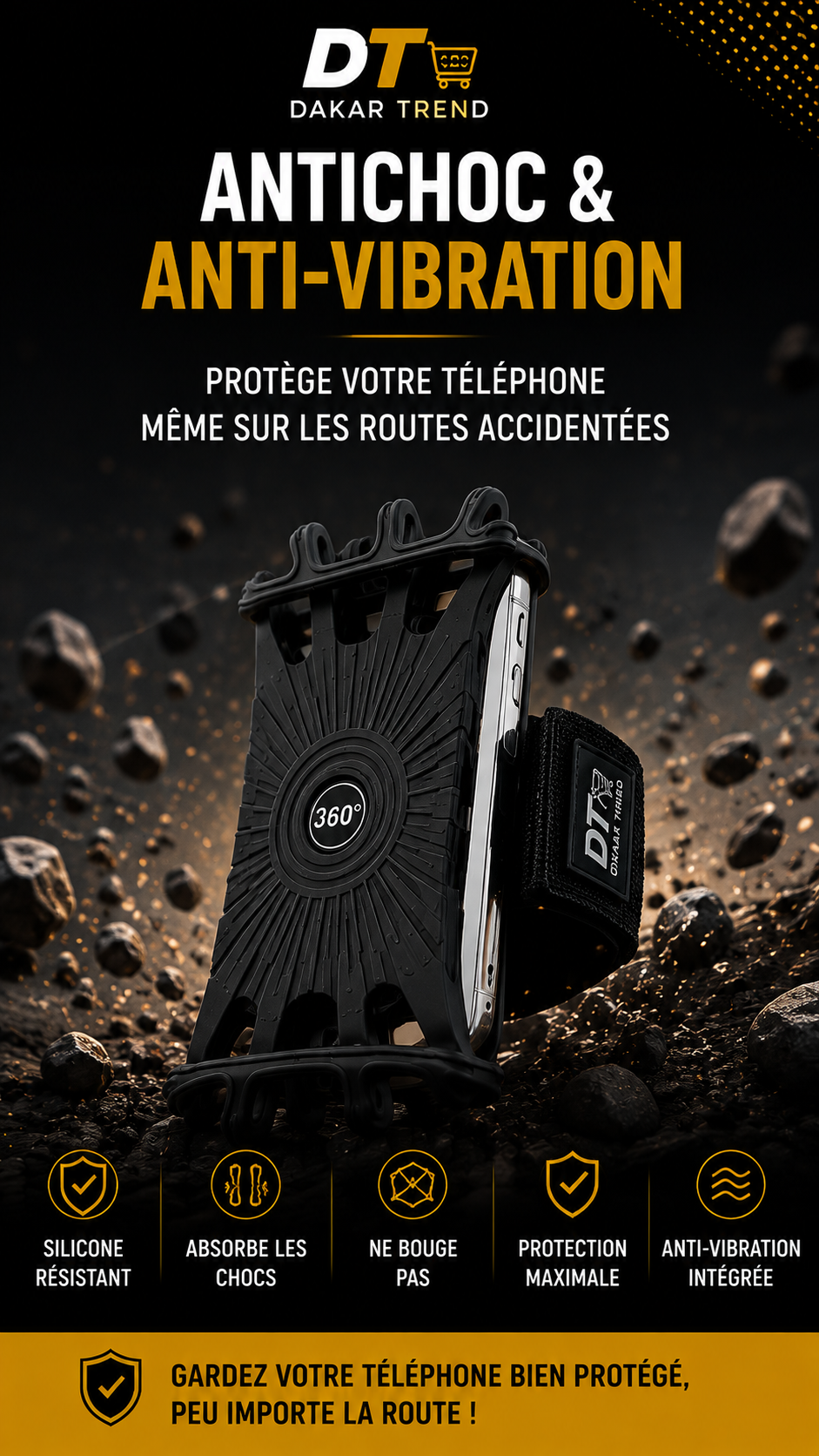 Support Téléphone 3-en-1 360° pour Poignet, Main & Moto | Dakar Trend