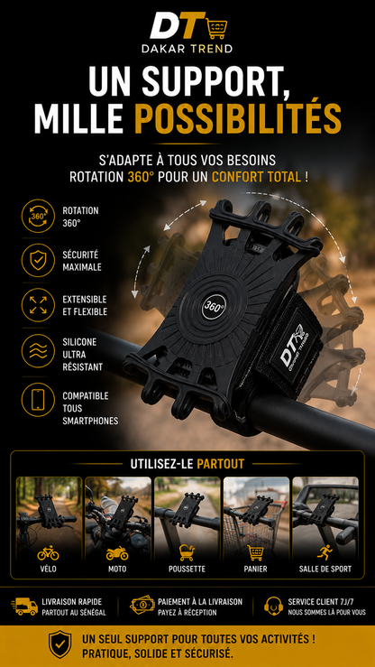 Support Téléphone 3-en-1 360° pour Poignet, Main & Moto | Dakar Trend