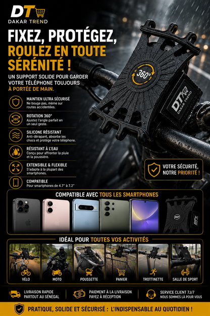 Support Téléphone 3-en-1 360° pour Poignet, Main & Moto | Dakar Trend